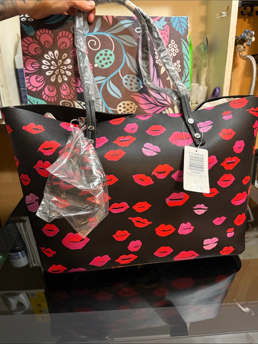 Torrid Black Tote with Red and Pink Kiss Print